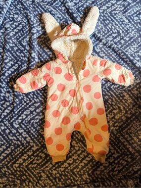 Cream One-Piece Footie with Pink Polka Dots and Sherpa Hood